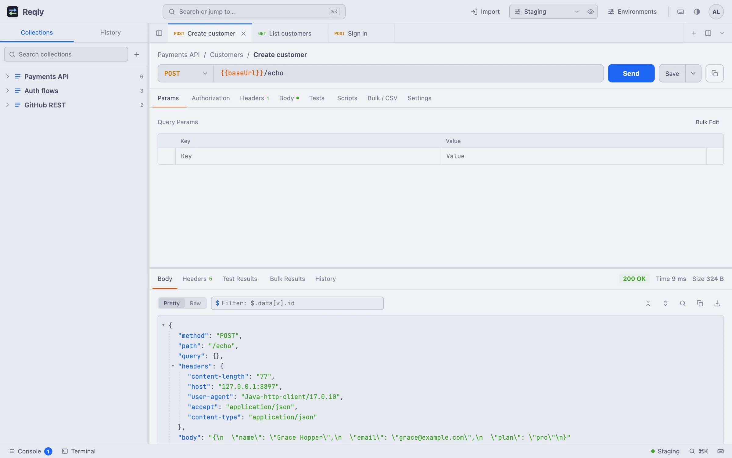Reqly in the light theme showing a POST create customer request and its JSON response tree
